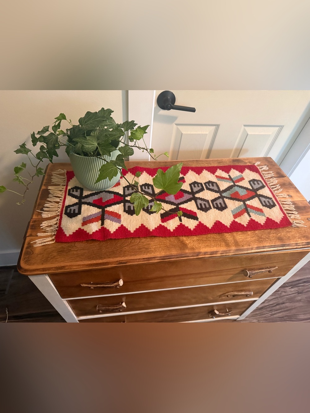Handwoven Geometric Table Runner - Red, Cream, Black